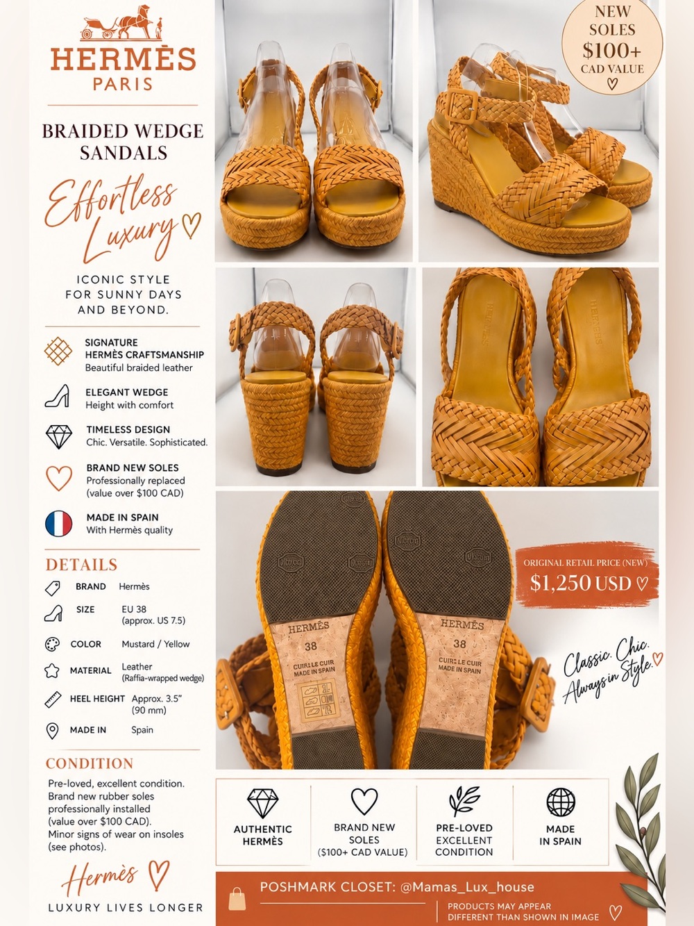 #S149 Hermès Woven Sophia Espadrille Wedge Sandals, EU 38 (US 7.5)